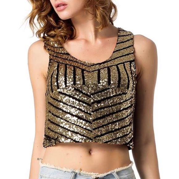 Gold/Black Sequin Crop Top - Picture 1 of 5